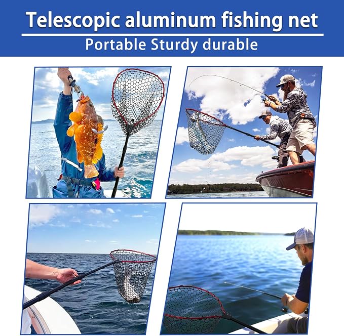 Telescoping Metal Lock Fishing Net with Handle Red Green 64" 52" Rubber Fish Net - Adjustable Length Lightweight Foldable Large Big Collapsible Extendable Fishing Net