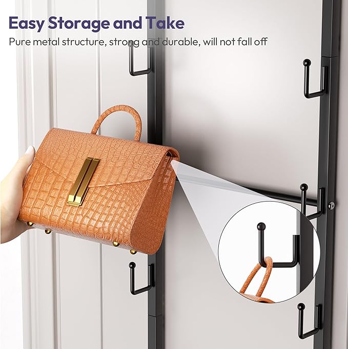 SWTYMIKI Over The Door Purse Organizer - Wall Mounted Purse Rack with 10 Hooks and Metal Basket, Handbag Hanger Organizer Holds up to 10 Bags, Bag Rack Can Use As 1/2 Part, for Door, Closet