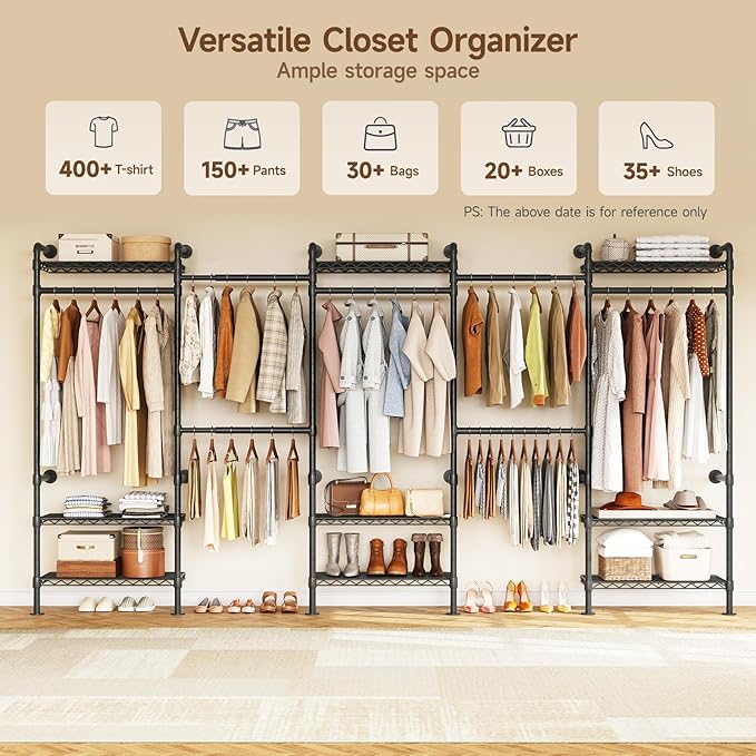 H5 Wall Mounted Closet System, Industrial Pipe Clothes Racks Clothing Rack with 4 Telescopic Rods & 3 Fixing Rods & 9 Shelves, Heavy Duty Closet Organizers and Storage in Wardrobe Closet (Black)