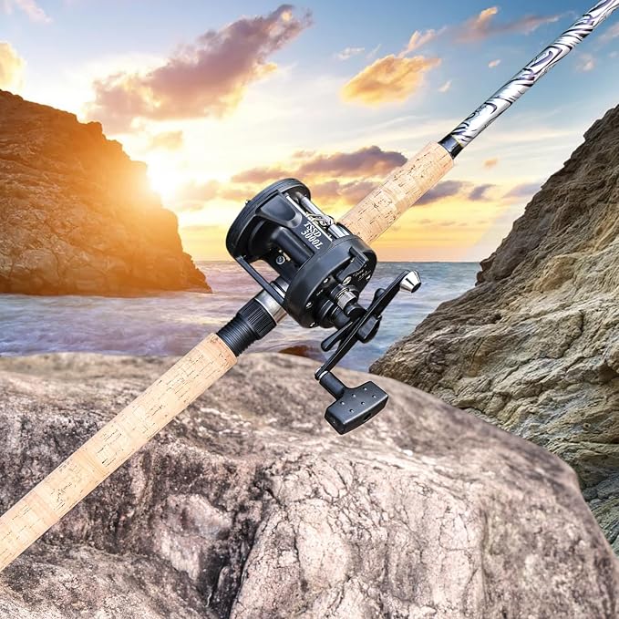 Sougayilang Fiberglass Fishing Pole Conventional Reel Combo with Durable P-Cork Rod Handle, Medium Heavy for Catfish Salmon and Steelhead