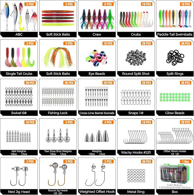 PLUSINNO Bass Fishing Lures - 307PCS Professional Bass Fishing Kit with 6 Pre-Rigged Rigs, All Water Depths Fishing Tackle Box Kit, Fishing Gear Lure Kit Gift for Men Freshwater Bass Trout Walleye