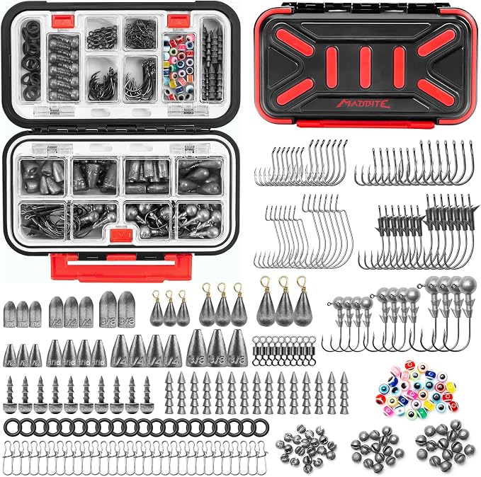 MadBite by KastKing 182/265/400pcs Compact Fishing Tackle Kit - All-in-One Freshwater Hooks, Weights, Bobbers in Tackle Box, Fishing Gear Set for Bass Trout Panfish