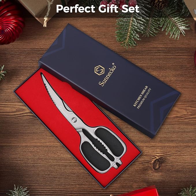 Sunnecko Heavy Duty Kitchen Scissors - Stainless Steel Kitchen Shears, Ultra Sharp Micro Serrated Poultry Shears, Cooking Scissors for Meat, 9 Inch Curved Blades