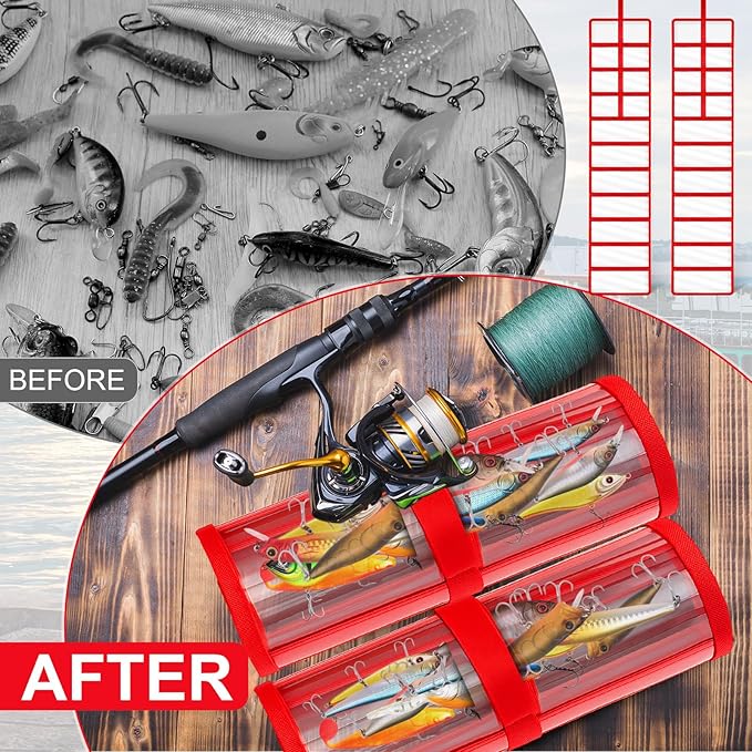 Soulchen 2 Pcs Roll up Fishing Lure Wraps Lure Covers Set 10 Pocket Fishing Hook Covers Clear PVC Bait Bag Tackle Storage Bags & Wraps Easily See Lures Storage Organizer Protector(Red)