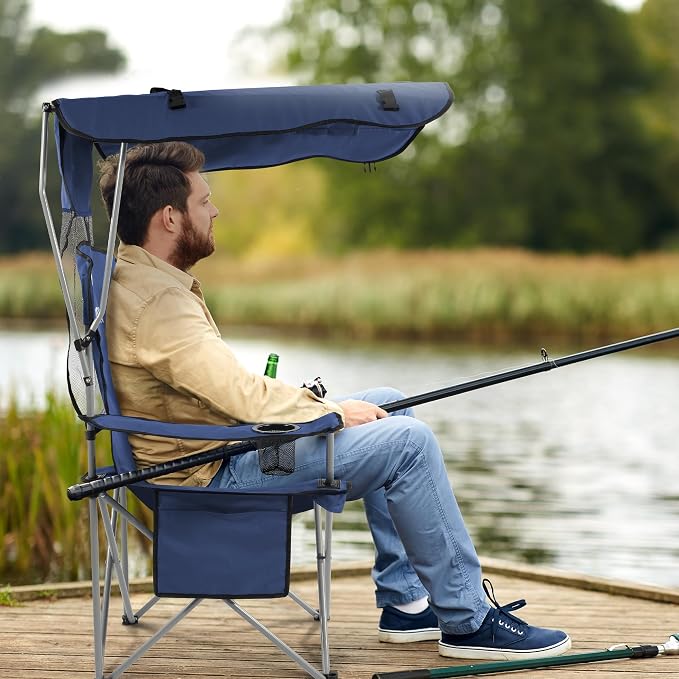 Elevon Camping Chair, Oversized Folding Chair with Canopy, Portable Outdoor Chair with Arms, Cup Holder and Carry Bag for Camping, Fishing, Beach, and Sports, Navy Blue