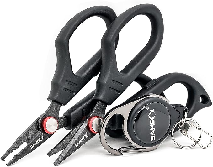 SAMSFX Fishing Scissors for Braided Line, Fishing Line Cutter Saltwater and Freshwater, Serrated Shears with Retractor, Optional Split Ring Opener Function