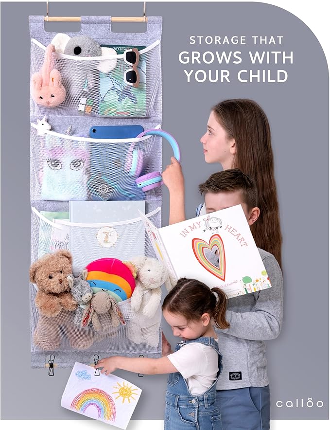 Over the Door Stuffed Animal Storage for Kids – Felt Organizer with Clips to Display Art and Mesh Pockets for Stuffies, Books and More – Space-Saving Hanging Design that Grows with your Child