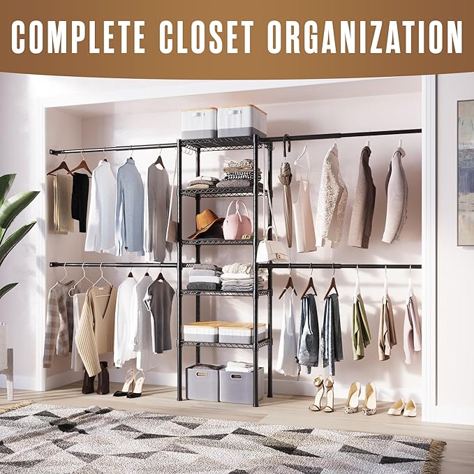 Houseables Closet System, Built in Closet System, Organizer Kit, Walk In Shelf Kit Storage, Wall Mounted Inserts, Modular, Walking, Build Your Own, DIY, Insert Shelving, 4 Custom Rods, 5 Shelves