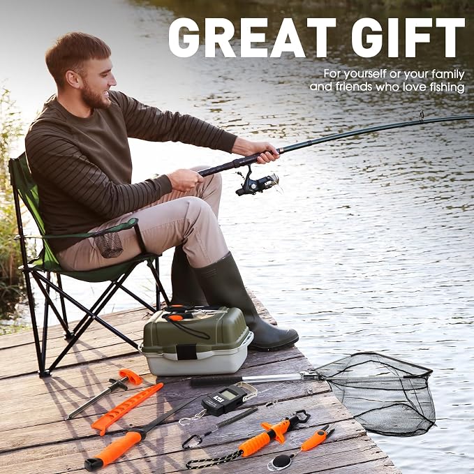 RoundFunny 10 Pcs Fishing Tool Kit, Fishing Pliers with Lanyard and Protective Sheaths, Landing Net, Fillet Knife, Fish Scale, Gripper, Hook Remover, Braid Scissors, Gloves for Men Dad Gift