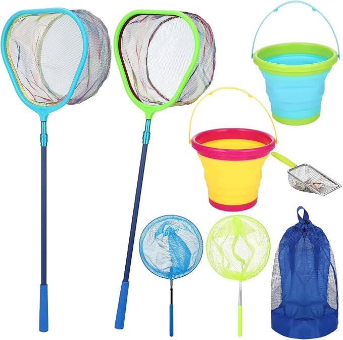 2 Pack Telescopic Kids Fishing Net with Handle, 2 Collapsible Bucket Sand Pail, Stainless Steel Foldable Fishing Net Small Fishing Butterfly Bug Net Beach Shovel with Storage Bag