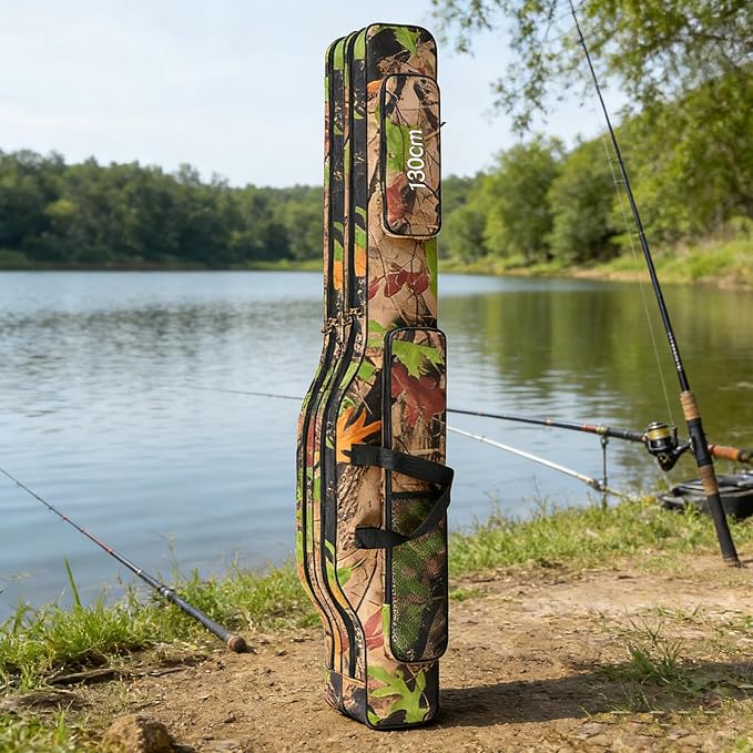 Folding Fishing Rod Case, Travel Fishing Pole Bag for 2-3 Rods with Reels Attached, Waterproof Oxford Storage Organizer with 3 Layers - 51 inch