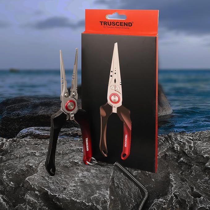 TRUSCEND Easy Use Lockable Fishing Pliers with Tungsten Carbide Cutter, Innovative Ergonomic Handy Handle, Saltwater Corrosion Resistant Teflon Coated Fishing Tool, Light Multi-Function Fishing Gear