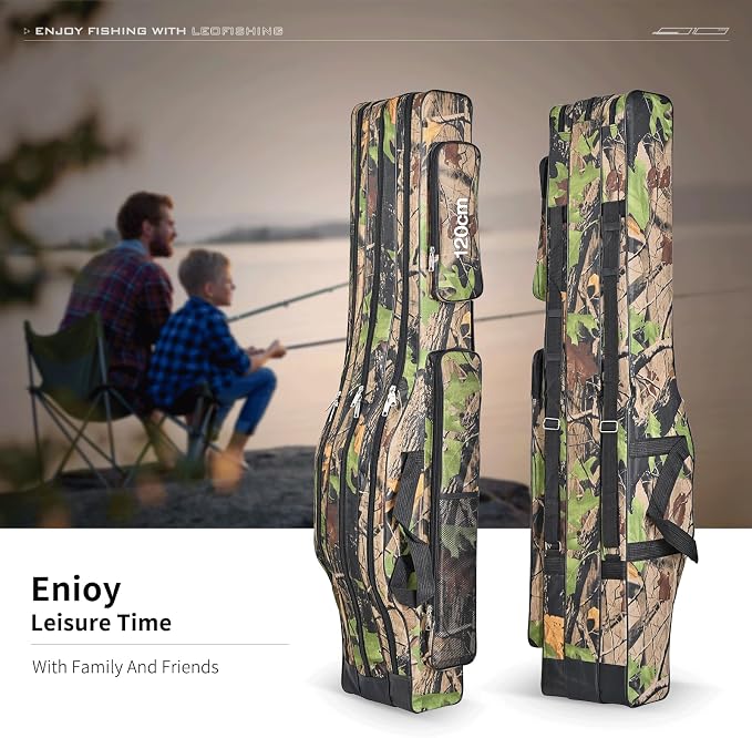LEOFISHING Portable 3 Layers Fishing Pole Bag Durable Oxford Folding Fishing Rod Reel Carry Case Tackle Storage Bag Case Waterproof Camouflage Travel Fishing Carrier (Yellow Camouflage, 150cm/59in)