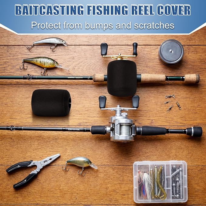 2 Pcs Black Round Baitcasting Reel Cover, 4mm Thick Neoprene Fishing Pouch for Conventional Gear, Shockproof Protective Case, Left Right Handed Storage Bag Size L 3.9"x3.3"