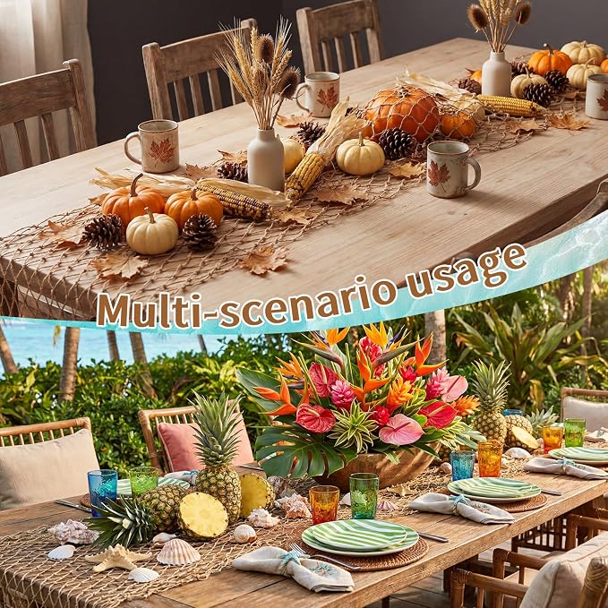 SATINIOR 12 Pcs Fish Net Party Decorations Fishing Net Table Runner 12x72'' Decorative Nautical Cotton Fishnet for Pirate Mermaid Hawaiian Ocean Beach Under the Sea Themed Party Decor (Linen)