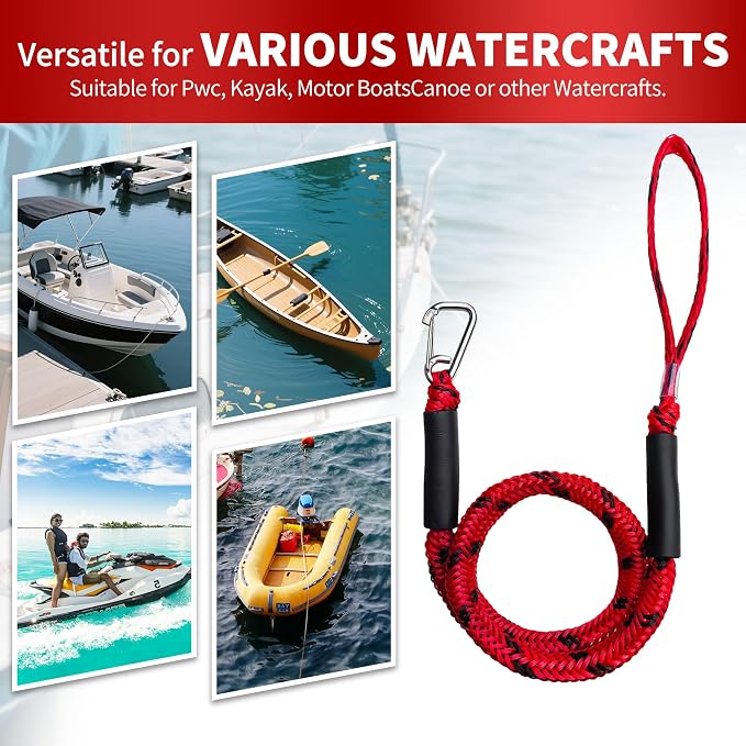 Bungee Dock Line with Stainless Steel Clip – Boat Dock Rope with Foam Float for Kayak, Canoe, Pontoon, Watercraft, SeaDoo, Docking – 4–5.5 ft, 2 Pack(Red&Black)