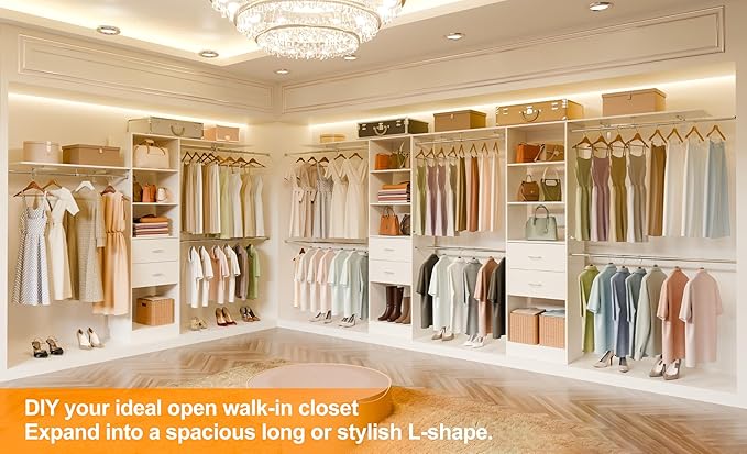 Closet System, 6-9FT Walk-in Closet Organizer System with 2 Wooden Drawers 4 Expandable Hanging Rods, Wood Wardrobe Storage Organizer with Valet Rod, Clothes Garment Rack for Bedroom, White