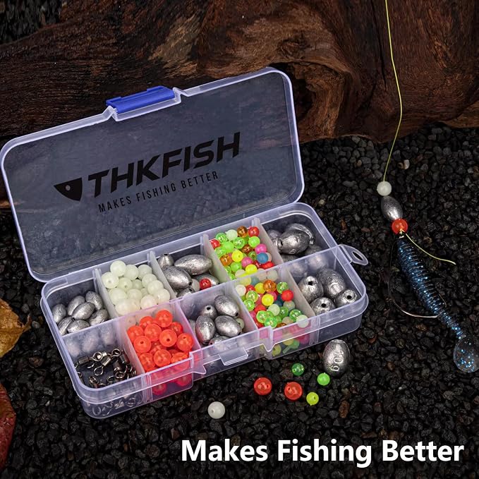 THKFISH Texas and Carolina Fishing Rig Bass Fishing Bullet-Weights for Fishing Sinkers Hooks Rolling Barrel Fishing Swivels Beads Rings Fishing Tackle Kit 35pcs/339pcs/389pcs