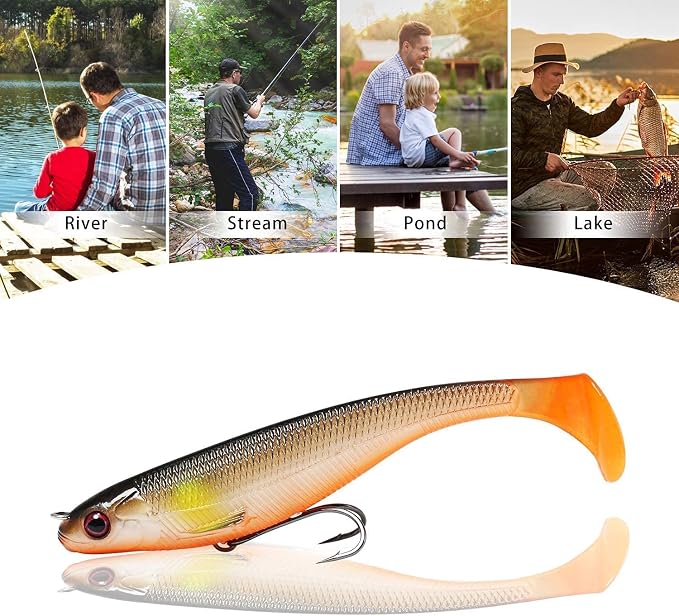 TRUSCEND Shadtale Easy Catch Soft Fishing Lures with BKK Hooks - Trembly Sinking and Vibrating Swim for More Bites, Pre-Rigged Swimbaits for Bass, Trout, Crappie, Walleye, Freshwater Saltwater Fishing