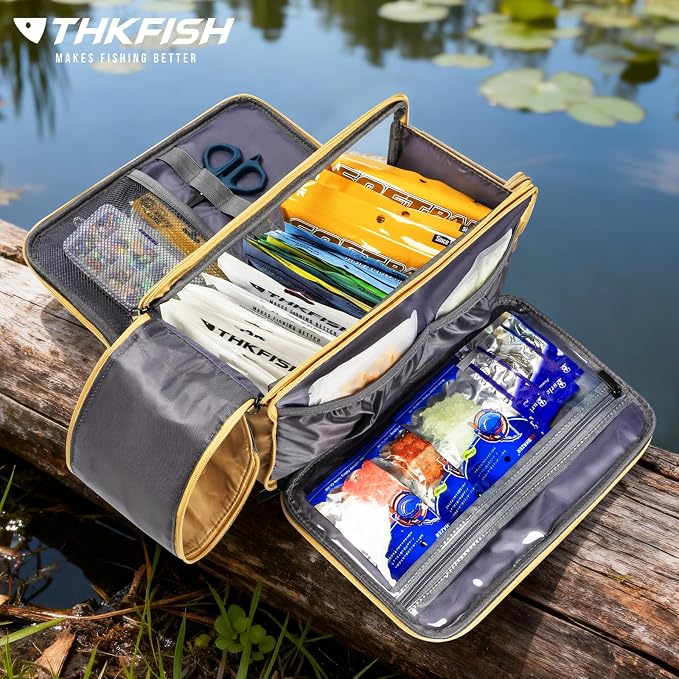 THKFISH Fishing Soft Plastic Bait Storage, Water-Resistant Extra-Large Clear Sleeves Tackle Bait Bag Storage For Lure Hooks, Sinkers & Fishing Accessories(Grey)