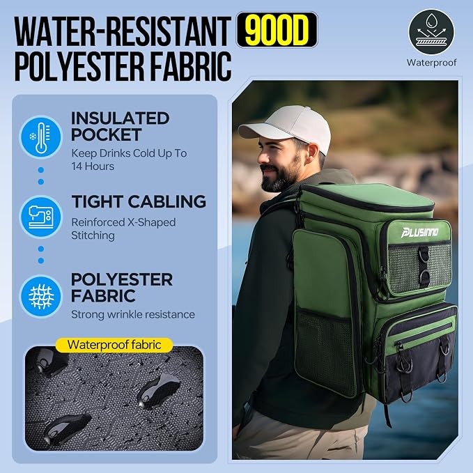 PLUSINNO Fishing Backpack with Rod Holders 4 Tackle Boxes, 42L Large Water-Resistant Fish Tackle Bag Store Fishing Gear, Camping, Hiking Gifts for Men Father, Green