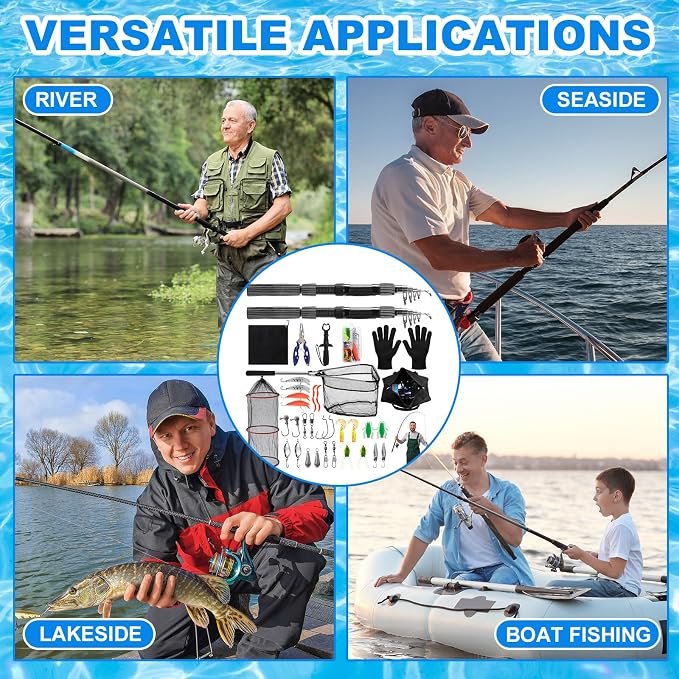 51 Pcs Fishing Rods Combo 6.89ft Telescopic Freshwater Pole Set with Plier Lip Gripper Lures Carrier Bag Pre Loaded Spinning Reel with Freshwater Rod Reel Kit Father Men Gift