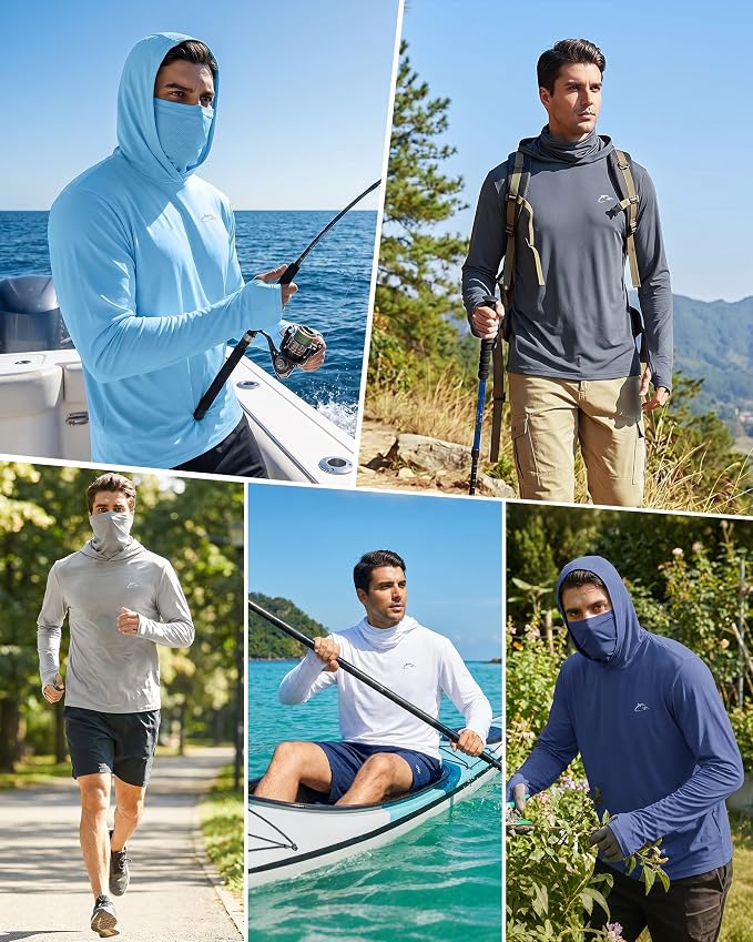 FISHEAL Men's Performance Fishing Hoodie Shirt - UPF 50+ Sun Protection Long Sleeve Thumbholes Shirts with Neck Gaiter