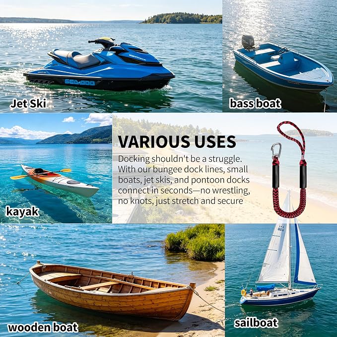 3FT Boat Dock Line Shock Absorbing Mooring Bungee Dock Lines for Boats Accessories Ideal for SeaDoo, Kayak, Pontoon, Power Boat 2PCS(Red&Black, 3FT-Single Clips)