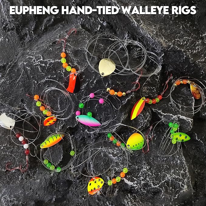 Eupheng Hand-Tied Walleye Rigs 15LB Spinner Crawler Harness with Colorado & Willow Blades, Single/Double Sharp Hooks, Pre-Rigged Bait Rigs for Walleye, Bass, Trout, Salmon – 6PCS/12PCS Kit
