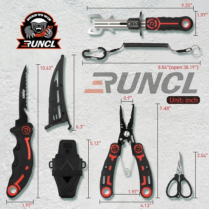 RUNCL 4pc Fishing Tool Kit- Fishing Pliers, Fish Fillet Knife with Sharpener, Fish Lip Gripper, Fishing Braid Scissors, Saltwater Fishing Gear and Equipment with Sheath/Lanyard, Fishing Gifts for Men