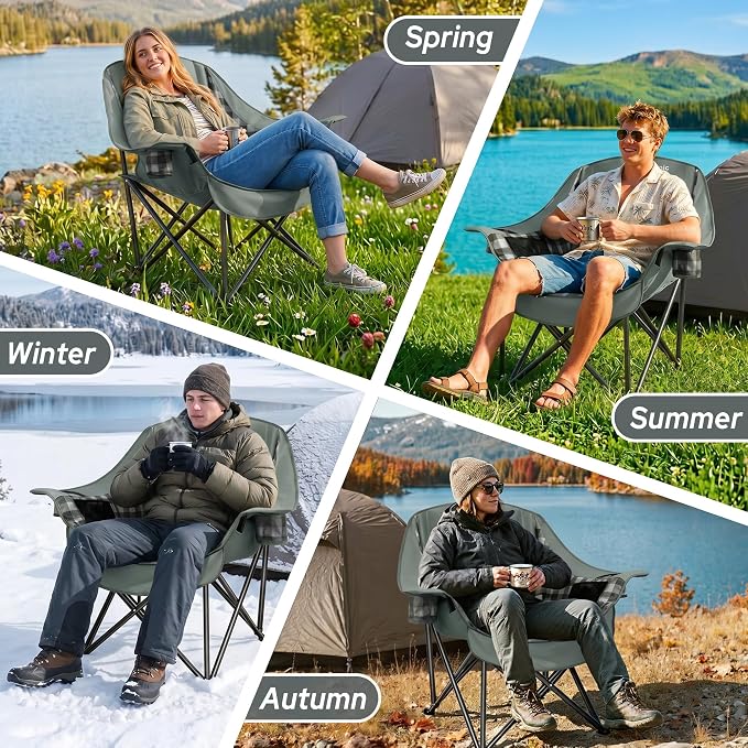 Youtanic Oversized Extra Large Padded Camping Chair, Heavy Duty 400 lbs Foldable Lawn Chair, Ergonomic Outdoor Seat with Plaid Design, Cup Holders & Storage Pockets for Fishing, Sports, Gray