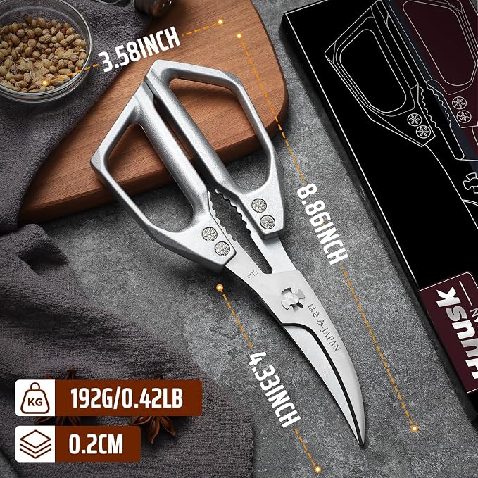 Huusk Seafood Scissors Silver - Stainless Steel Kitchen Shears Dishwasher Safe, Sharp Japanese-Style Kitchen Scissor for Crab, Shrimp, Lobster, Herbs and Food Prep, Gifts for Men Women