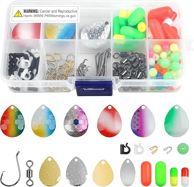 Walleye Rig Making Kit,205pcs DIY Lure Making Supplies Parts for Crawler Harness Walleye Spinner Rigs Colorado Blades Pompano Floats Clevises Beads Hooks Spinner Lure Making Kit