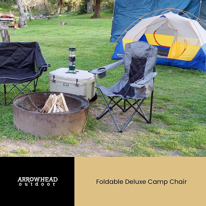 ARROWHEAD OUTDOOR 2-Pack Portable Deluxe Folding Camp Quad Chair w/Headrest, Glass & Cup Holders, Armest 6-can Cooler, Heavy Duty Carry Bag, 550 lbs Weight Capacity