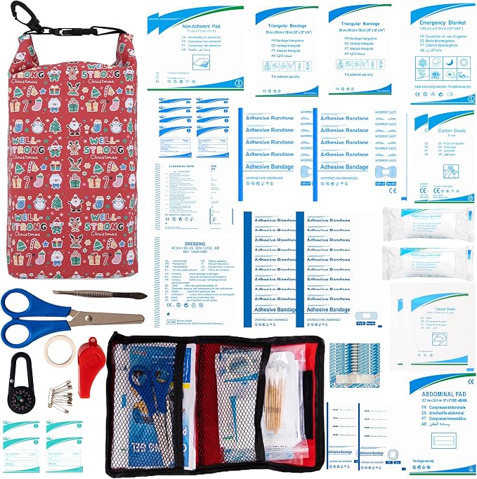 Boat First Aid Kit Waterproof, WELL-STRONG Marine Emergency Kit with Roll Top Dry Bag for Boating Fishing Kayaking – Water-Resistant Contents for Camping & Beach(Christmas)