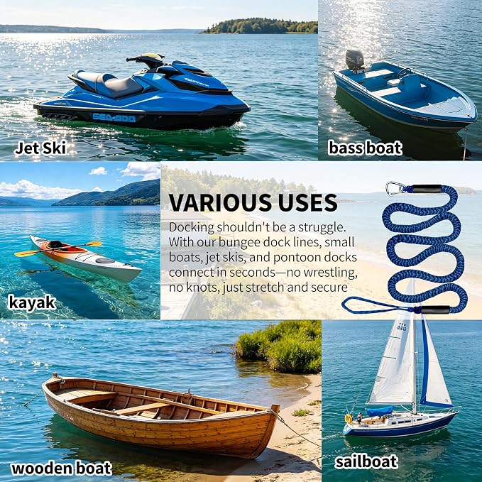 Bungee Dock Line with Stainless Steel Clip Boat Rope Mooring String with Foam Float for Docking,Kayak,Watercraft,SeaDoo,Pontoon,Canoe,Power Boat Accessory,7-10ft(Blue&Black,with One Hook)