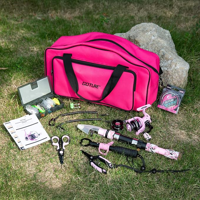 Goture Pink Fishing Rod and Reel Combo - ML Action Spinning Reel Pole with Pink Bag - Telescopic Rod Kit for Starter Travel Saltwater Freshwater, Gift for Woman