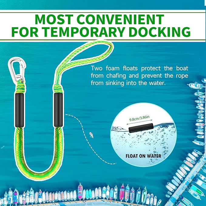 Boat Bungee Dock Lines – Adjustable Boat Tie Downs for Pontoon, Jet Ski, PWC, Kayak | Single Hook Small Cruiser Mooring Lines | (2, Green & Yellow, 3 Feet)