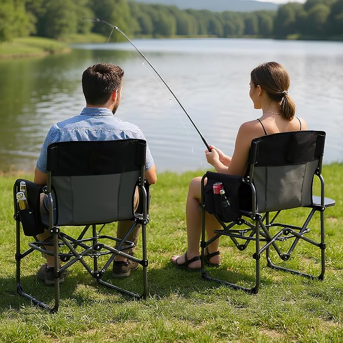 2 Pack Oversized Camping Directors Chair, Portable Folding Lawn Chairs for Adults with Side Table and Storage Pouch,Pocket for Beach, Fishing, Picnic,Concert,Tailgating, Heavy Duty Supports 330LBS