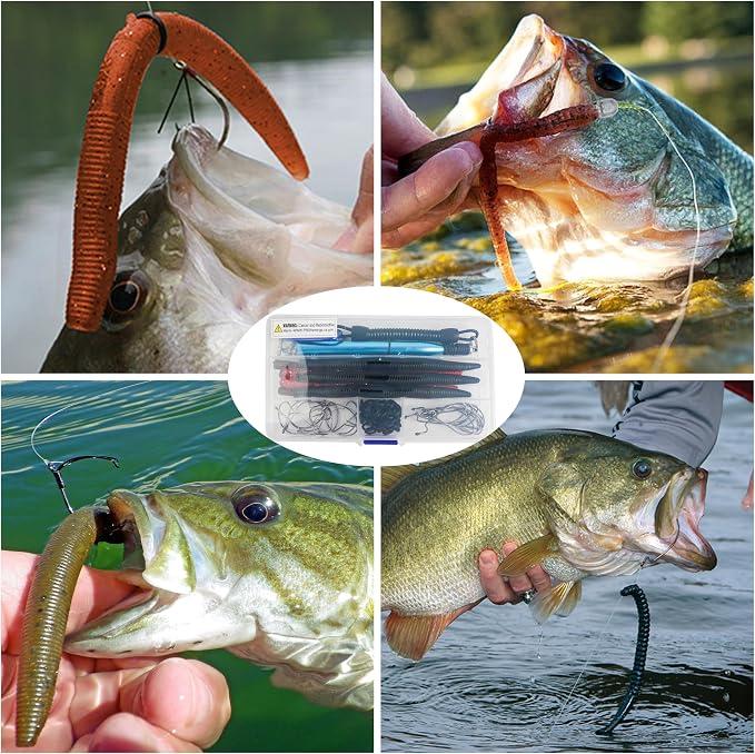 Wacky Rig Worm Fishing Lures Kit, 94pcs Bass Fishing Lures Wacky Rig Kit with Soft Plastic Lures Wacky Rig Tool, O-Rings, Worm Hooks, Nail Fishing Weights for Carolina Texas Rig