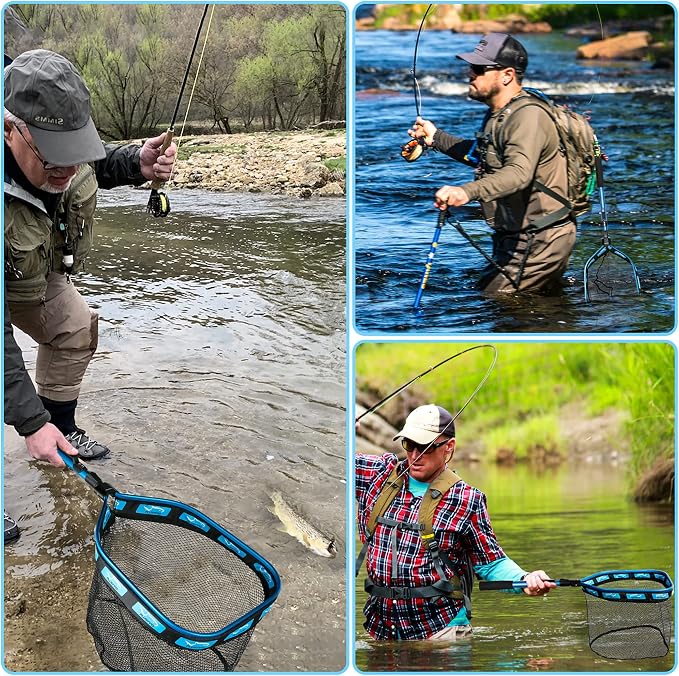 PLUSINNO Floating Fishing Net for Steelhead, Salmon, Fly, Kayak, Catfish, Bass, Trout Fishing, Rubber Coated Foldable Landing Net with Fixed or Telescoping Pole Handle, Fishing Gear and Gifts for Men