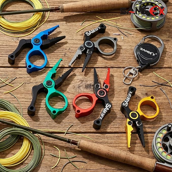 SAMSFX Mini Fishing Pliers with Fly Fishing Zinger Retractor, Fish Hook Remover Tool, Split Ring Pliers for Saltwater & Freshwater, Tungsten Carbide Cutters, Fishing Gear Gift for Anglers