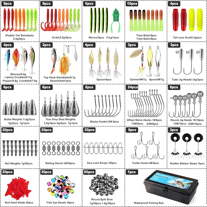 PLUSINNO Fishing Lures Fishing Tackle Box Fishing Gifts for Men, Bass, Trout Fishing Accessories Kit for Saltwater & Freshwater Fishing Gear Including Topwater Lures, Hooks, Spinnerbaits