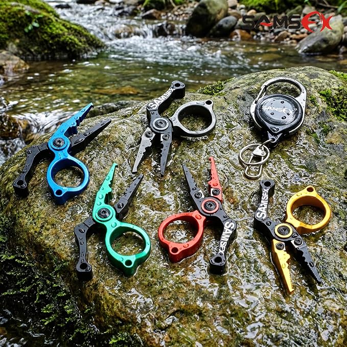 SAMSFX Mini Fishing Pliers with Fly Fishing Zinger Retractor, Fish Hook Remover Tool, Split Ring Pliers for Saltwater & Freshwater, Tungsten Carbide Cutters, Fishing Gear Gift for Anglers