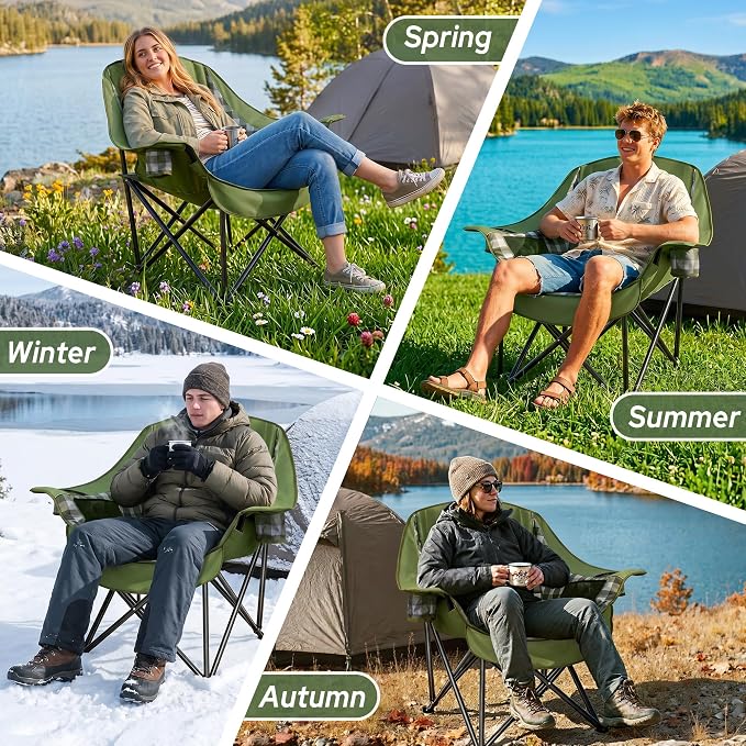 Youtanic Oversized Extra Large Padded Camping Chair, Heavy Duty 400 lbs Foldable Lawn Chair, Ergonomic Outdoor Seat with Plaid Design, Cup Holders & Storage Pockets for Fishing, Sports, Green