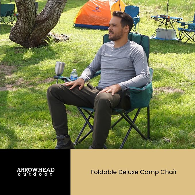 ARROWHEAD OUTDOOR 2-Pack Portable Deluxe Folding Camp Quad Chair w/Headrest, Glass & Cup Holders, Armest 6-can Cooler, Heavy Duty Carry Bag, 550 lbs Weight Capacity