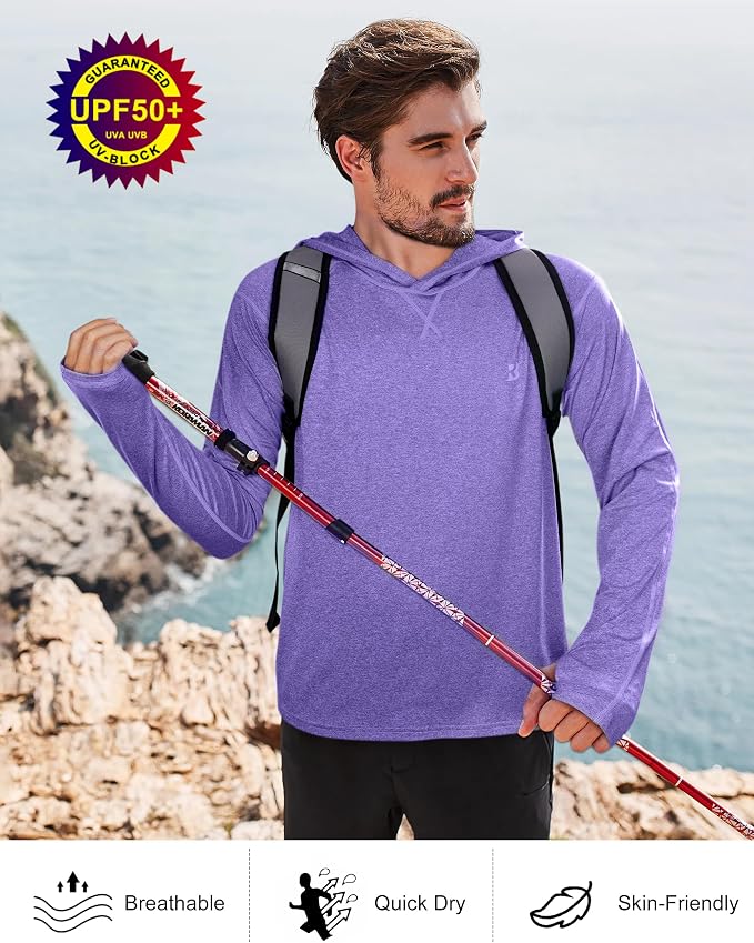 Roadbox Mens UPF 50+ Fishing Shirts, Long Sleeve UV Sun Hoodie, Hiking Running Swim Athletic Workout Shirt