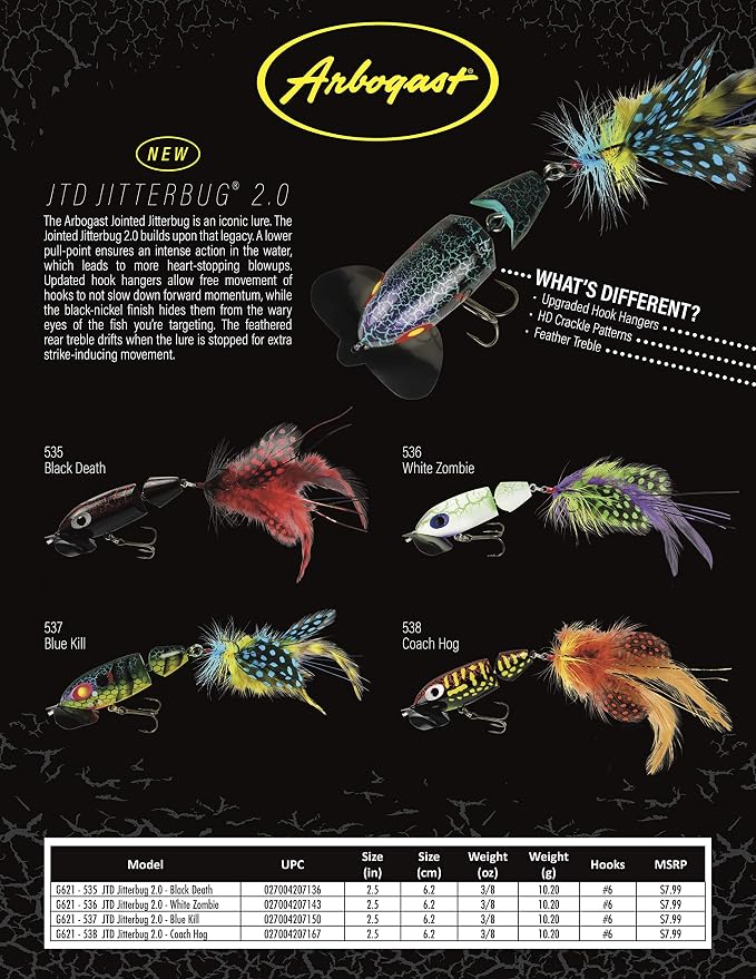 Arbogast Jointed Jitterbug 2.0 Topwater Bass Fishing Lure, 2 1/2 Inch, 3/8 Ounce