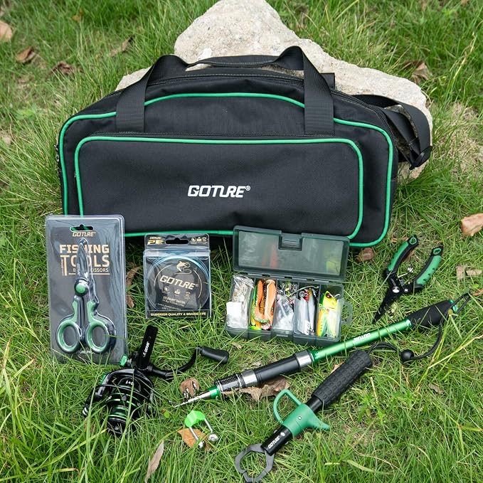 Goture Fishing Poles and Reels Combo - Green Telescoping Fishing Rod Portable Travel Kit with Carrier Bag for Freshwater Saltwater