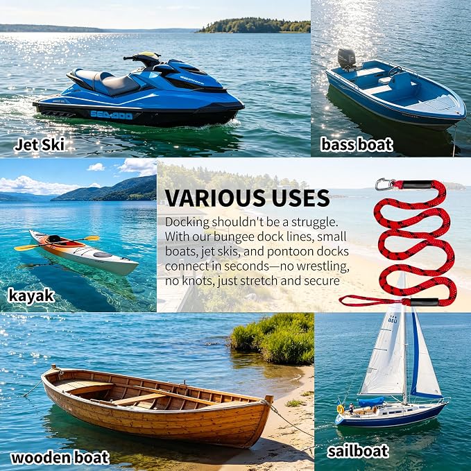 Bungee Dock Line with Stainless Steel Clip Boat Rope Mooring String with Foam Float for Docking,Kayak,Watercraft,SeaDoo,Pontoon,Canoe,Power Boat Accessory,7-10ft(Red&Black,with One Hook)